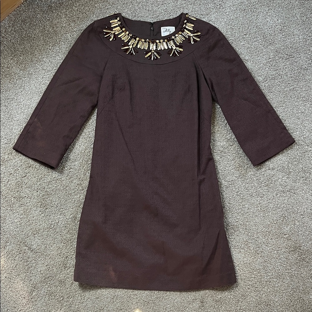 Milly of New York INCREDIBLE Beaded Brown Textured Cotton,Cotton Lined Shift sz4